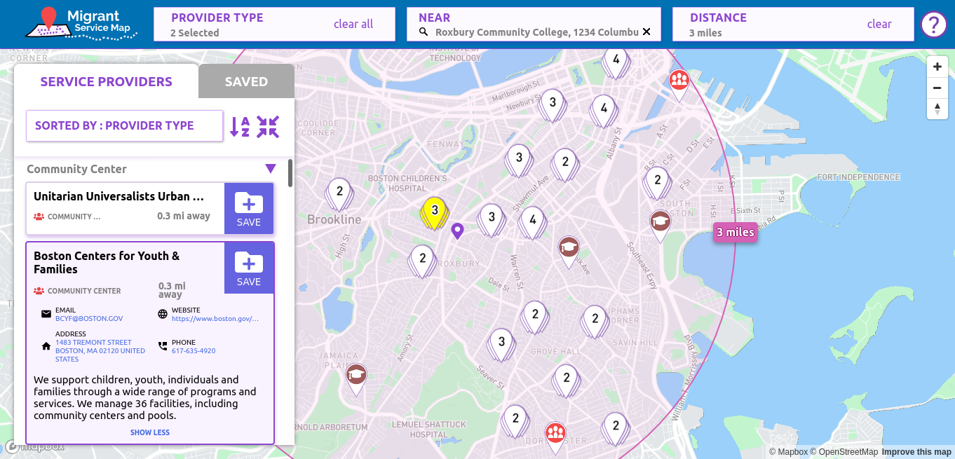 screenshot of migrant service map